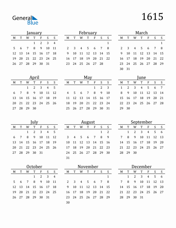 Free Printable Calendar 1615 with Monday Start