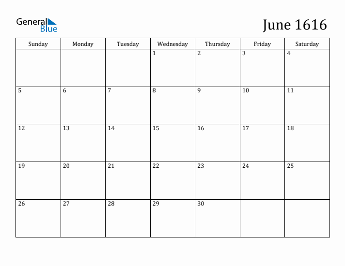 June 1616 Calendar