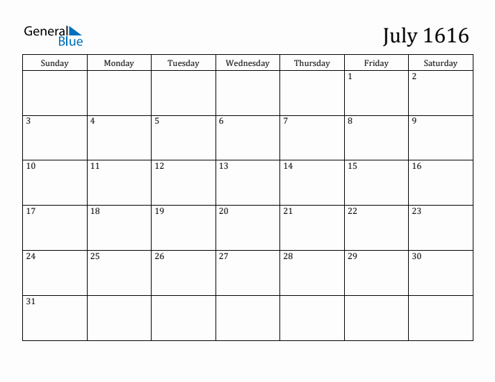 July 1616 Calendar