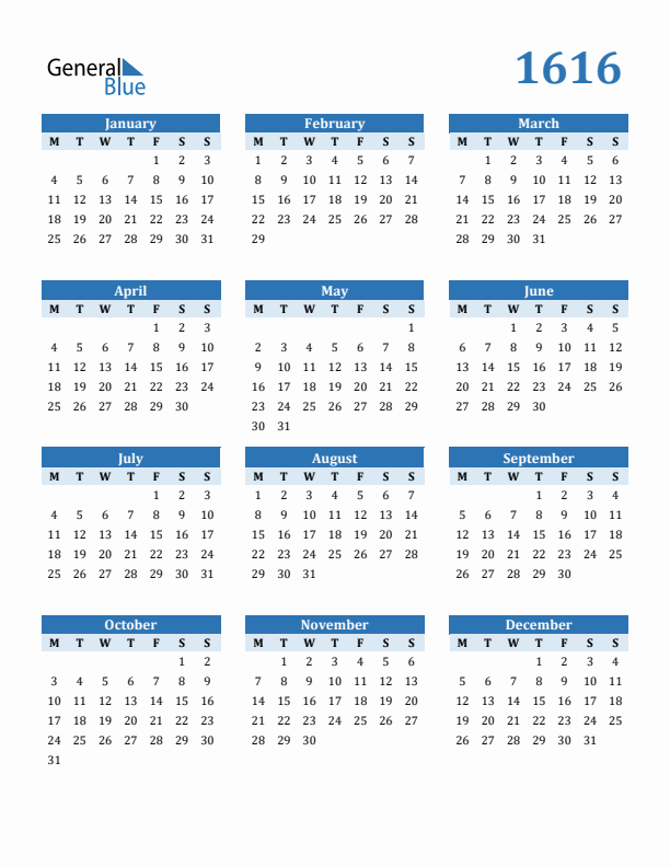 1616 Year Calendar with Monday Start