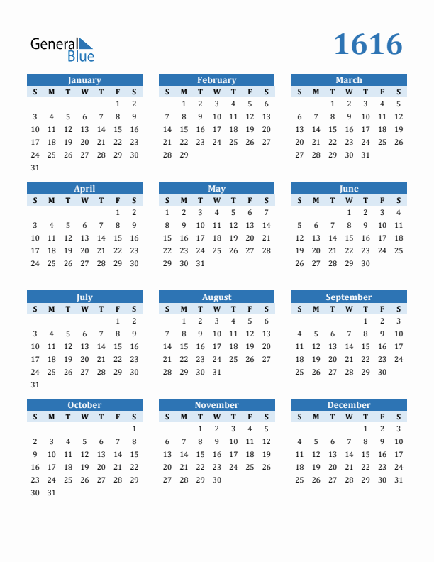 1616 Year Calendar with Sunday Start
