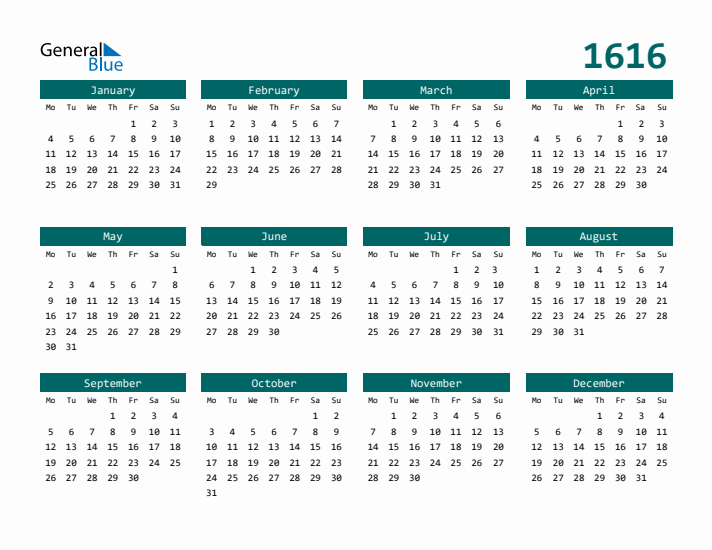 Downloadable 1616 Calendar