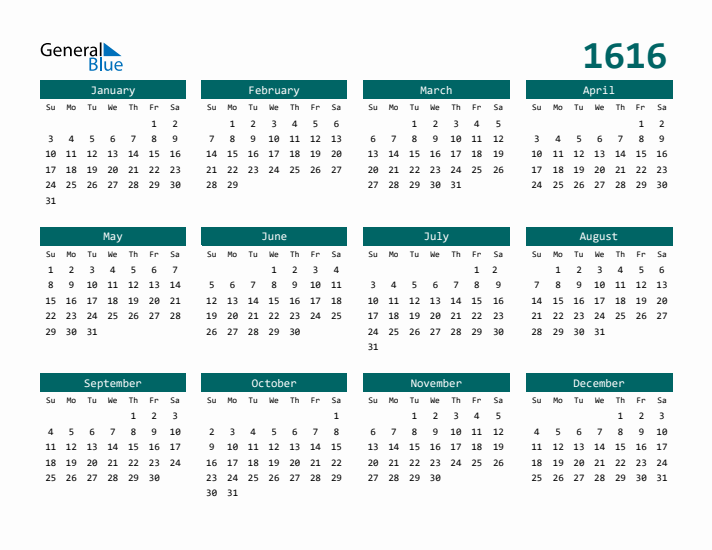 Downloadable 1616 Calendar