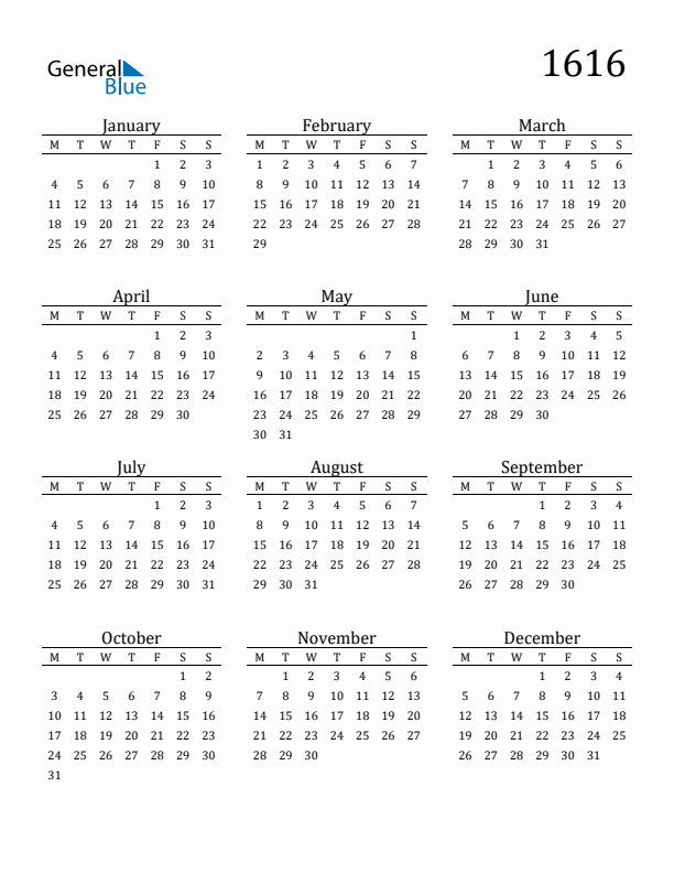 Free Printable Calendar 1616 with Monday Start