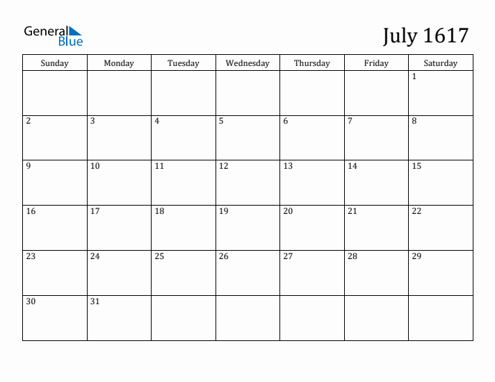 July 1617 Calendar