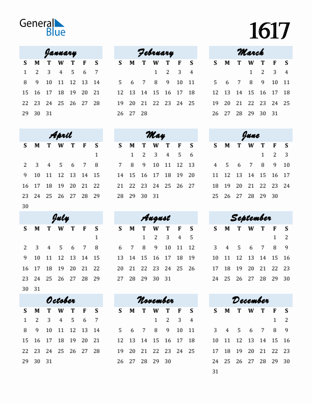 Calendar 1617 Free Download and Print