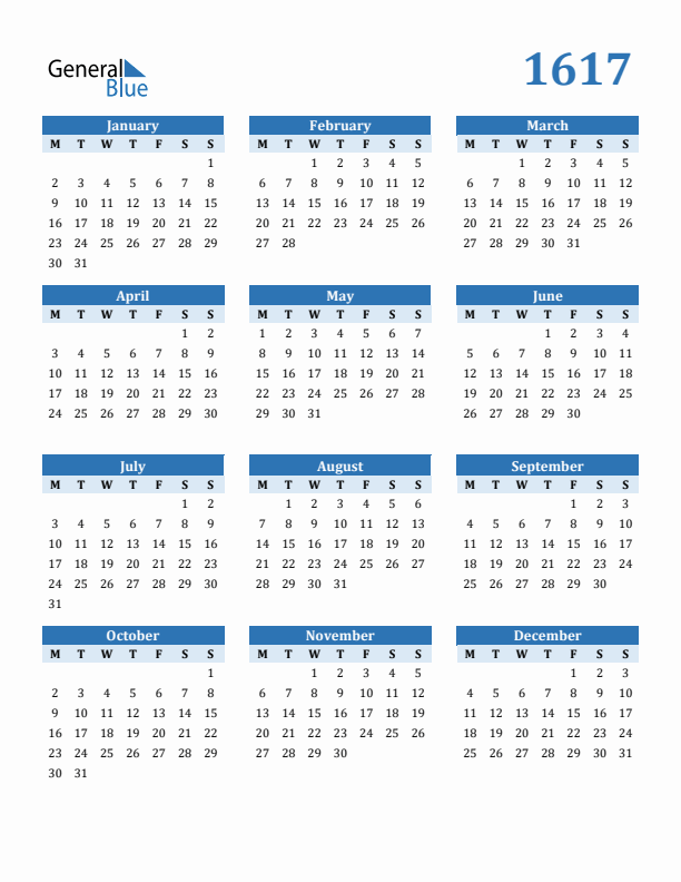 1617 Year Calendar with Monday Start
