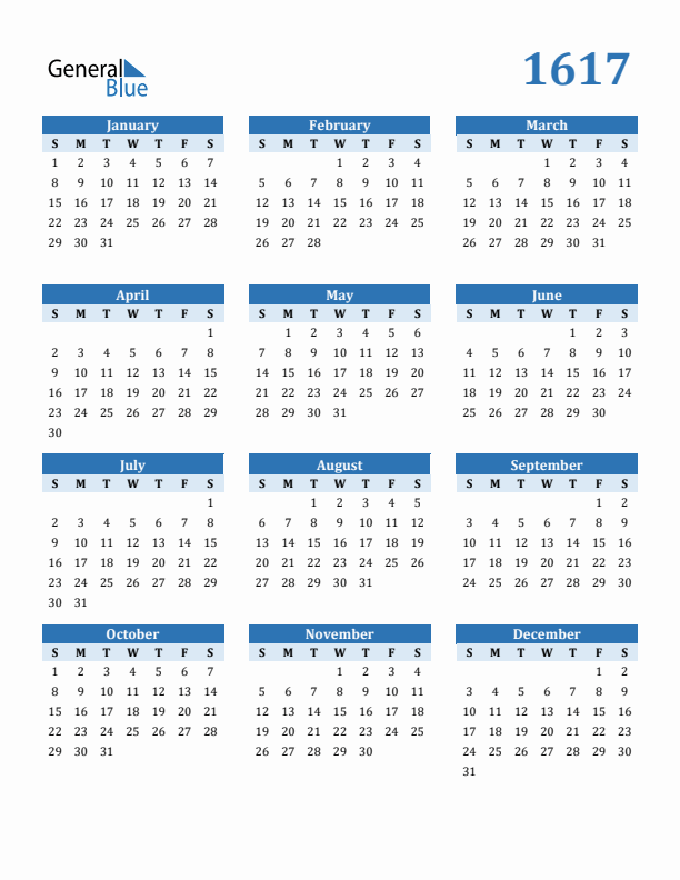 1617 Year Calendar with Sunday Start