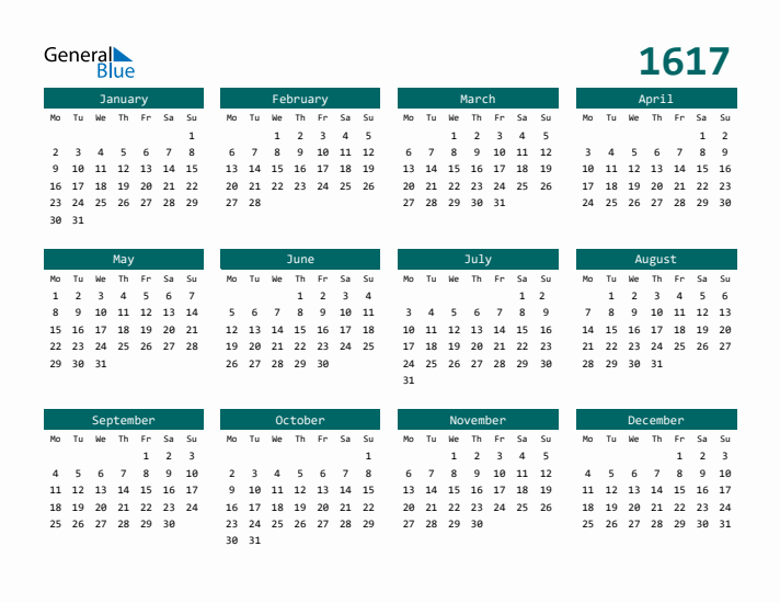 Downloadable 1617 Calendar