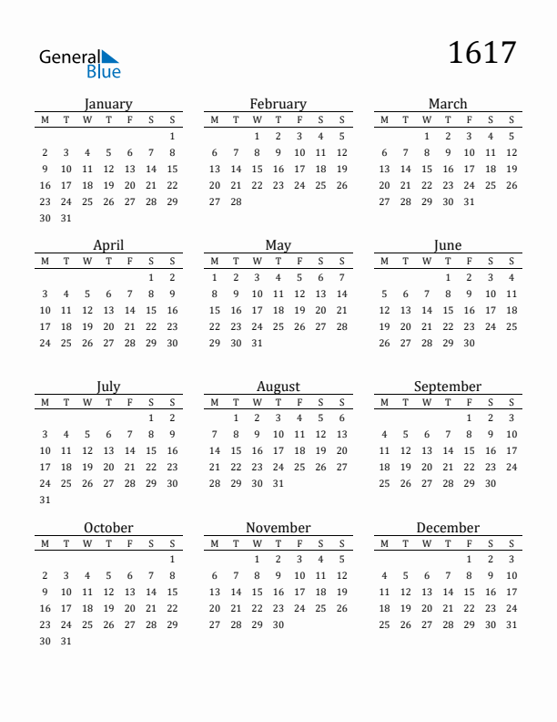 Free Printable Calendar 1617 with Monday Start