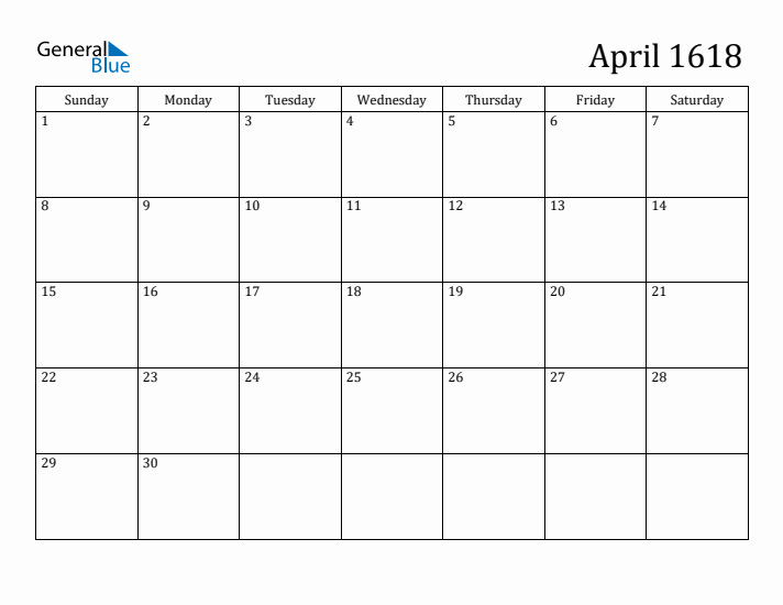 April 1618 Calendar