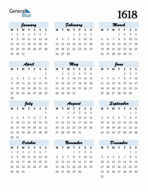 Calendar 1618 Free Download and Print