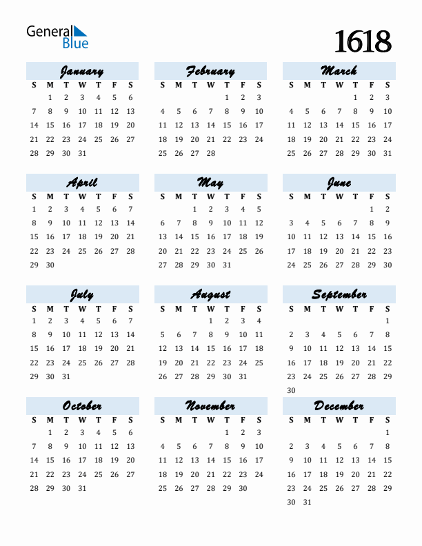 Calendar 1618 Free Download and Print