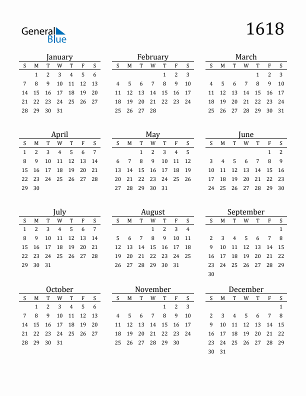Free Printable Calendar 1618 with Sunday Start