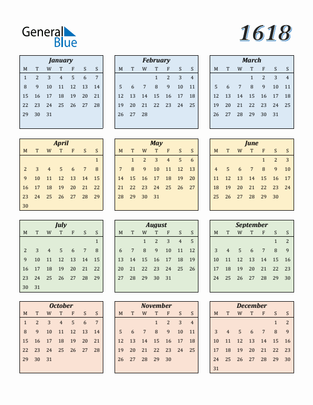 Calendar for 1618 (Monday Start)