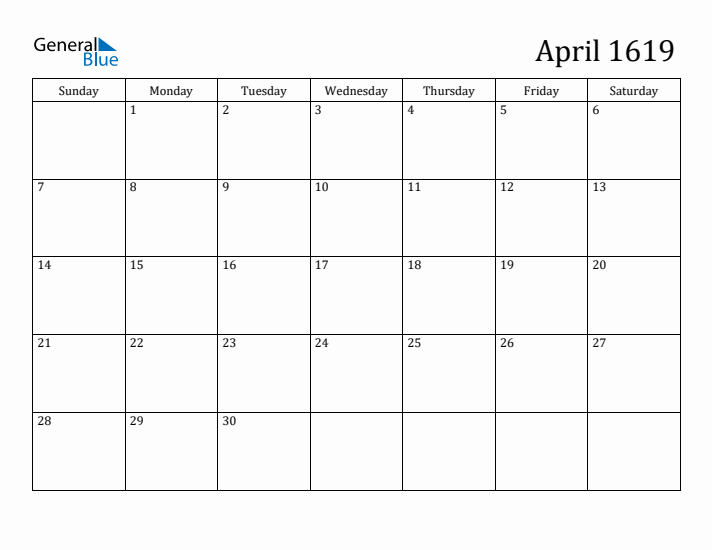 April 1619 Calendar