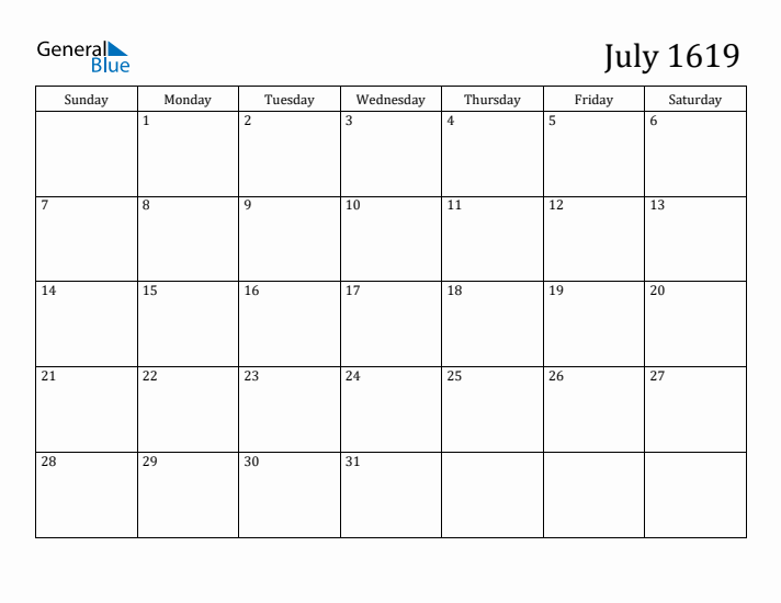 July 1619 Calendar