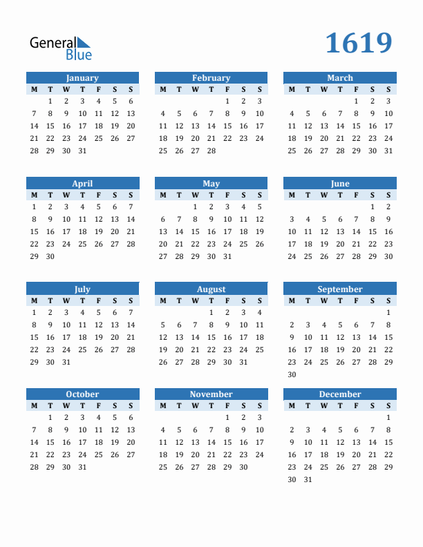 1619 Year Calendar with Monday Start