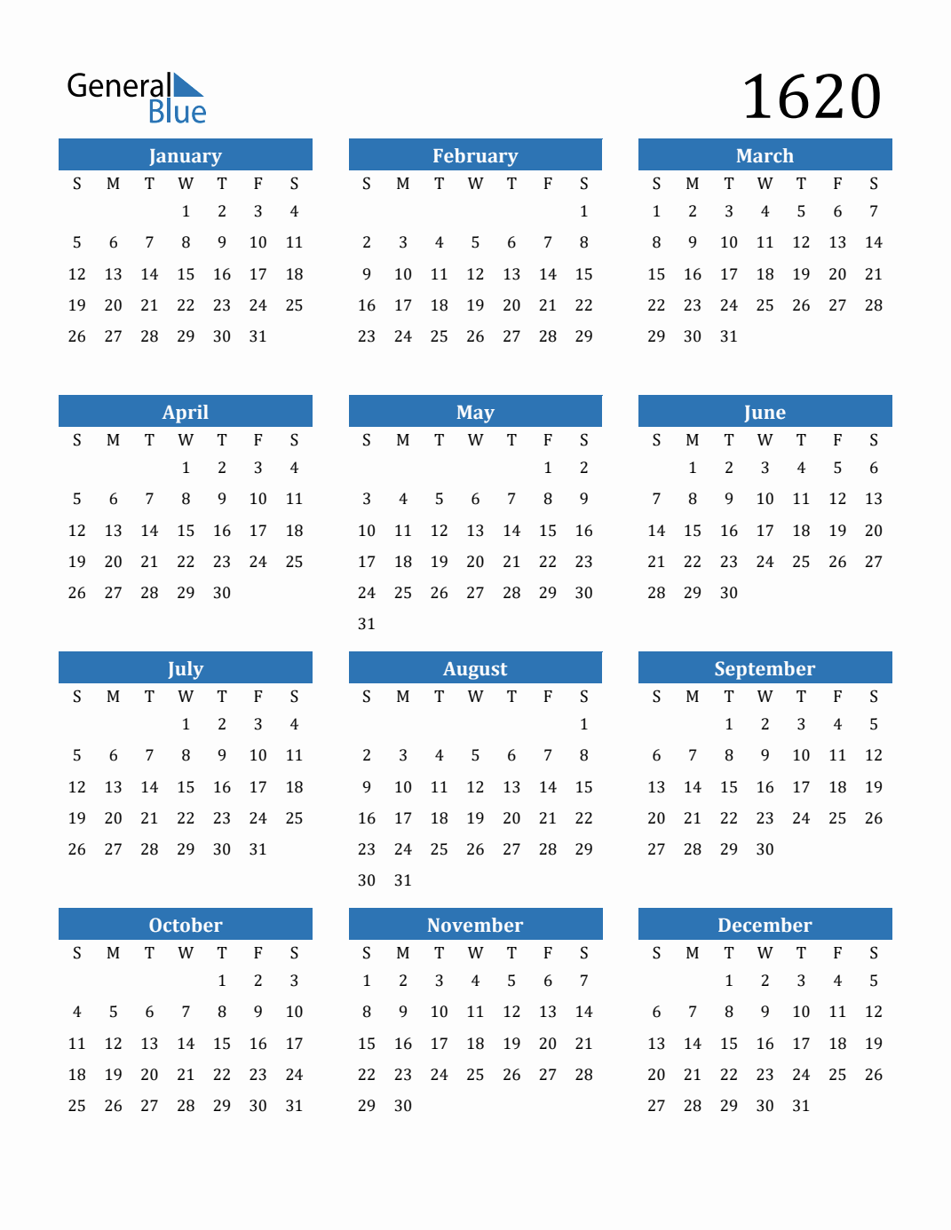 Free 1620 Calendars in PDF, Word, Excel