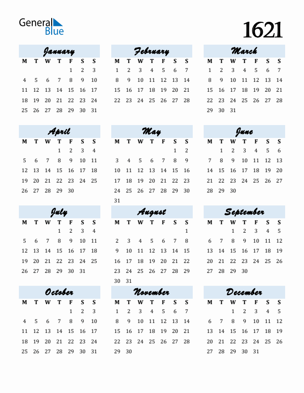Calendar 1621 Free Download and Print