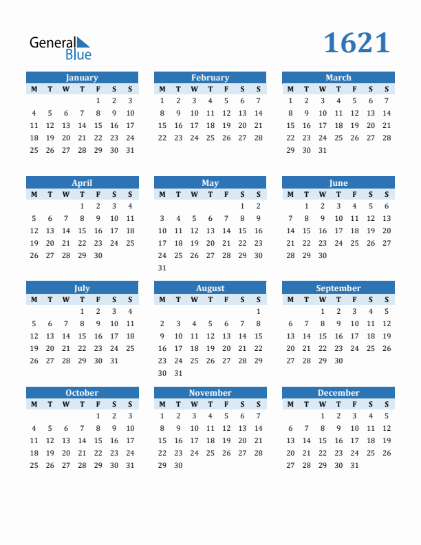 1621 Year Calendar with Monday Start