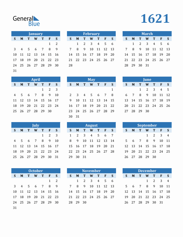 1621 Year Calendar with Sunday Start