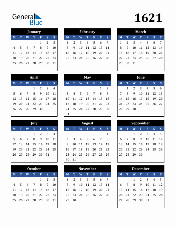 Editable Calendar 1621 - Monday Start