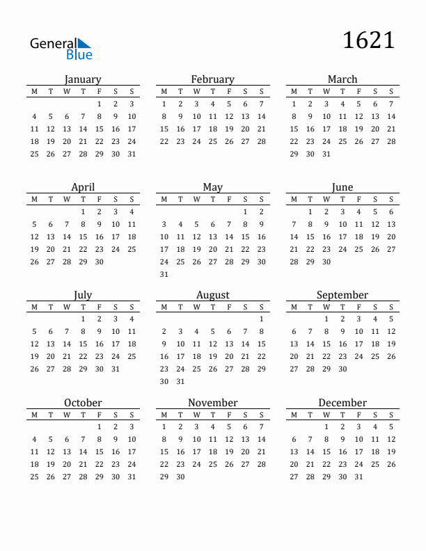 Free Printable Calendar 1621 with Monday Start