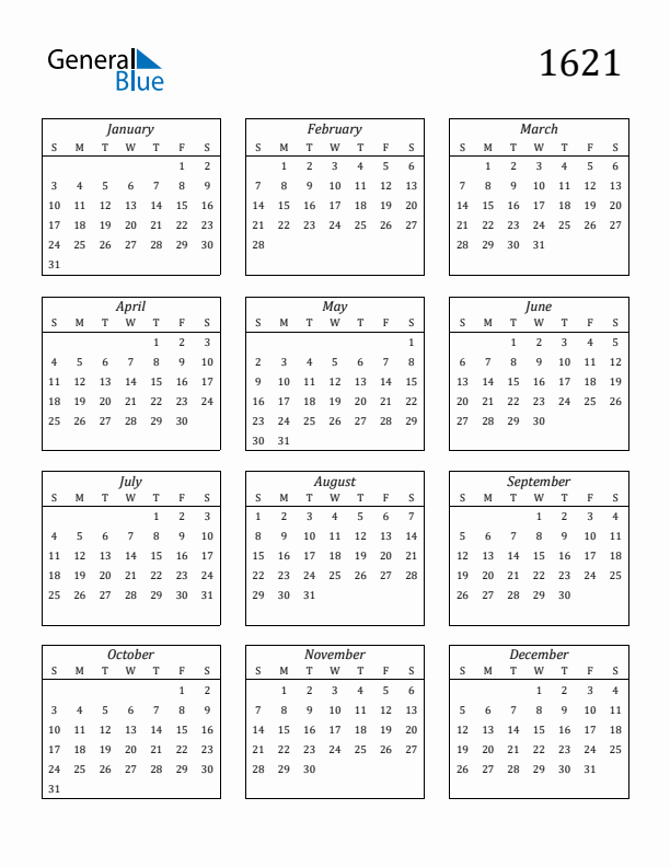 Blank Calendar 1621