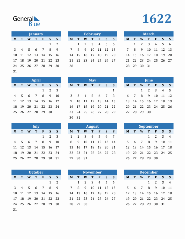 1622 Year Calendar with Monday Start