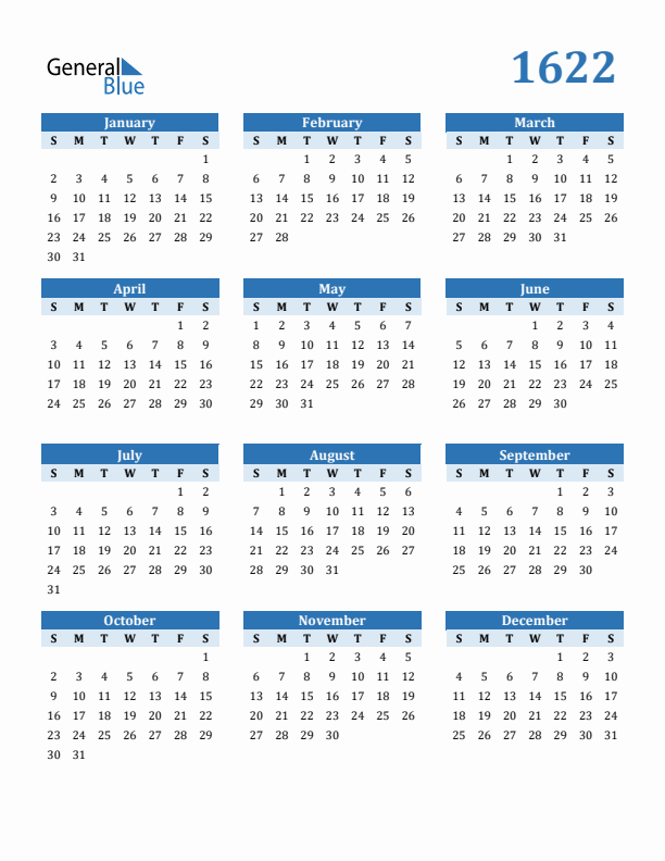1622 Year Calendar with Sunday Start