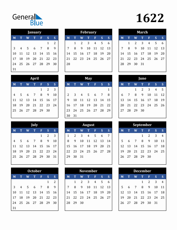 Editable Calendar 1622 - Monday Start