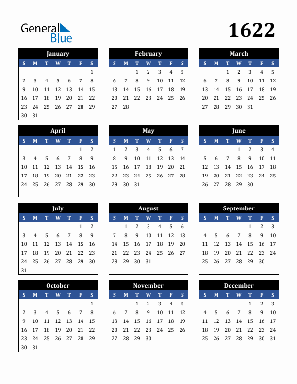 Editable Calendar 1622 - Sunday Start