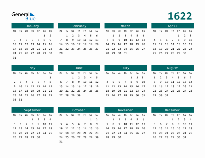 Downloadable 1622 Calendar