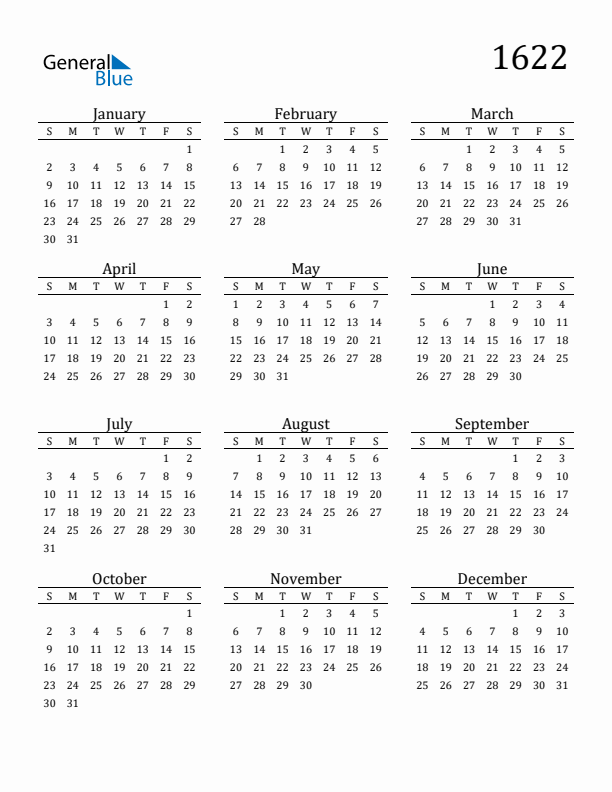 Free Printable Calendar 1622 with Sunday Start