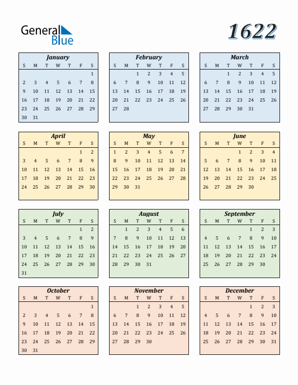 Calendar for 1622 (Sunday Start)