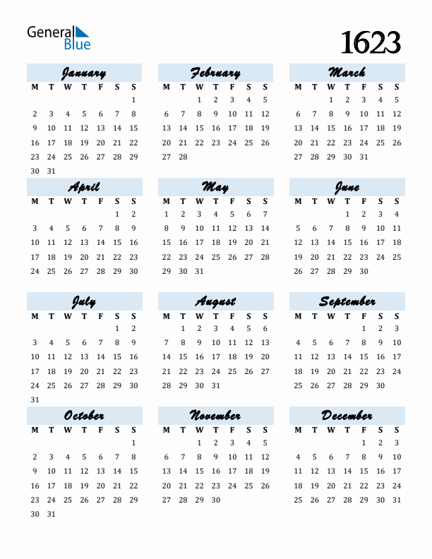 Calendar 1623 Free Download and Print