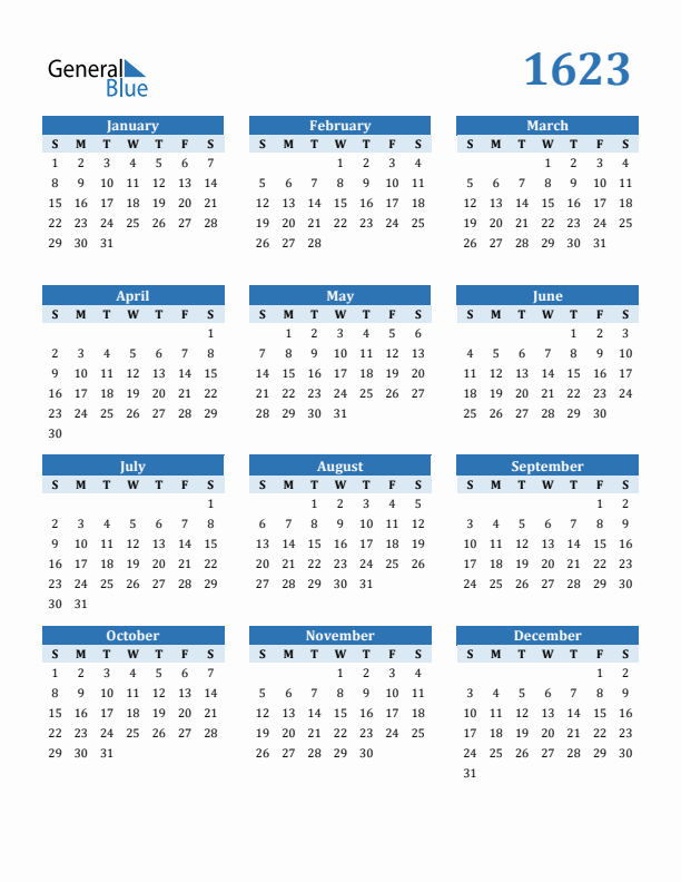 1623 Year Calendar with Sunday Start