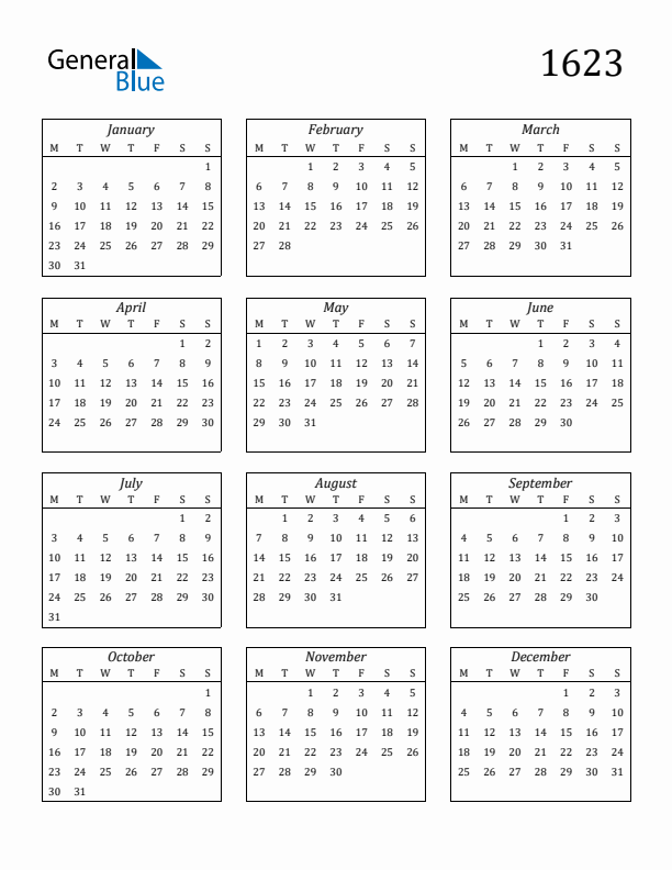 Blank Calendar 1623