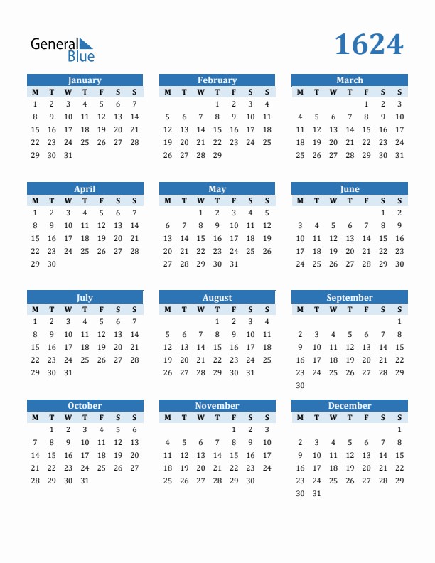 1624 Year Calendar with Monday Start