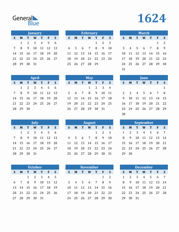1624 Year Calendar with Sunday Start