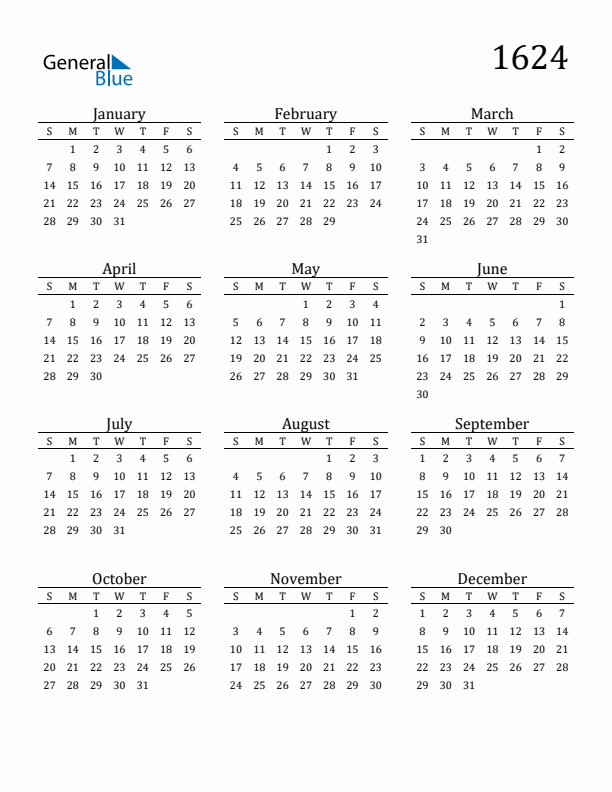 Free Printable Calendar 1624 with Sunday Start