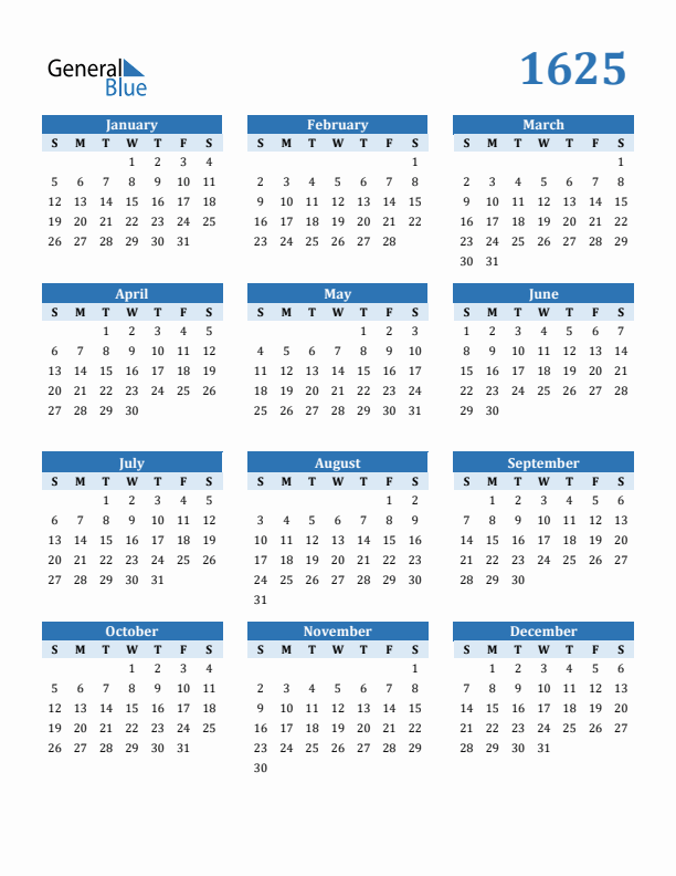 1625 Year Calendar with Sunday Start