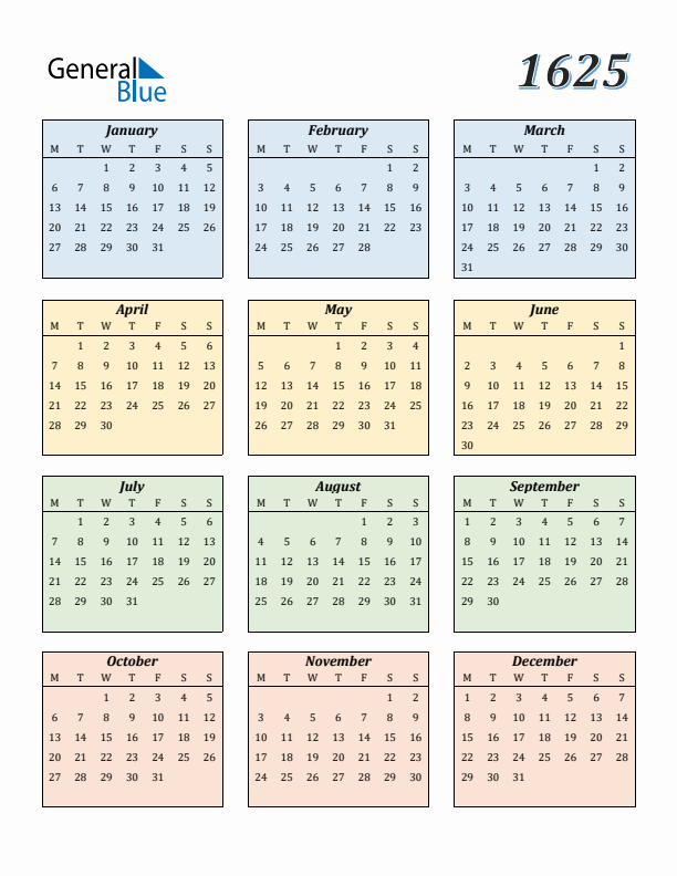 Calendar for 1625 (Monday Start)