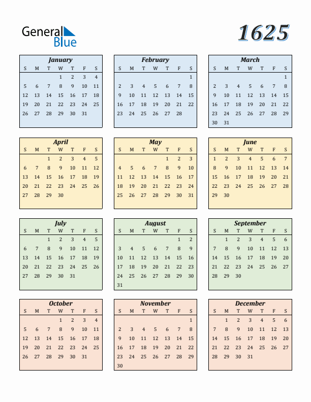 Calendar for 1625 (Sunday Start)