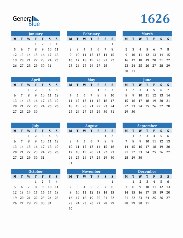 1626 Year Calendar with Monday Start