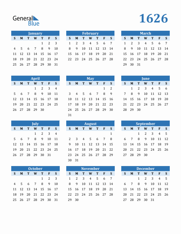 1626 Year Calendar with Sunday Start