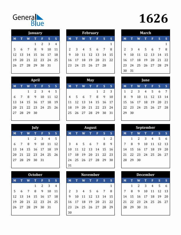 Editable Calendar 1626 - Monday Start