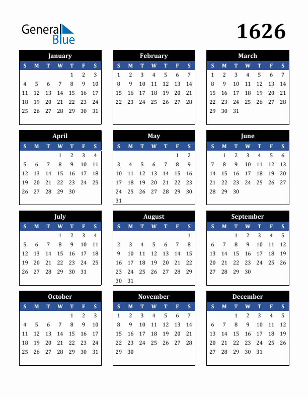 Editable Calendar 1626 - Sunday Start