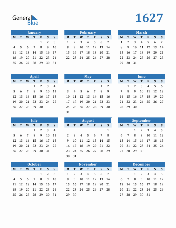 1627 Year Calendar with Monday Start